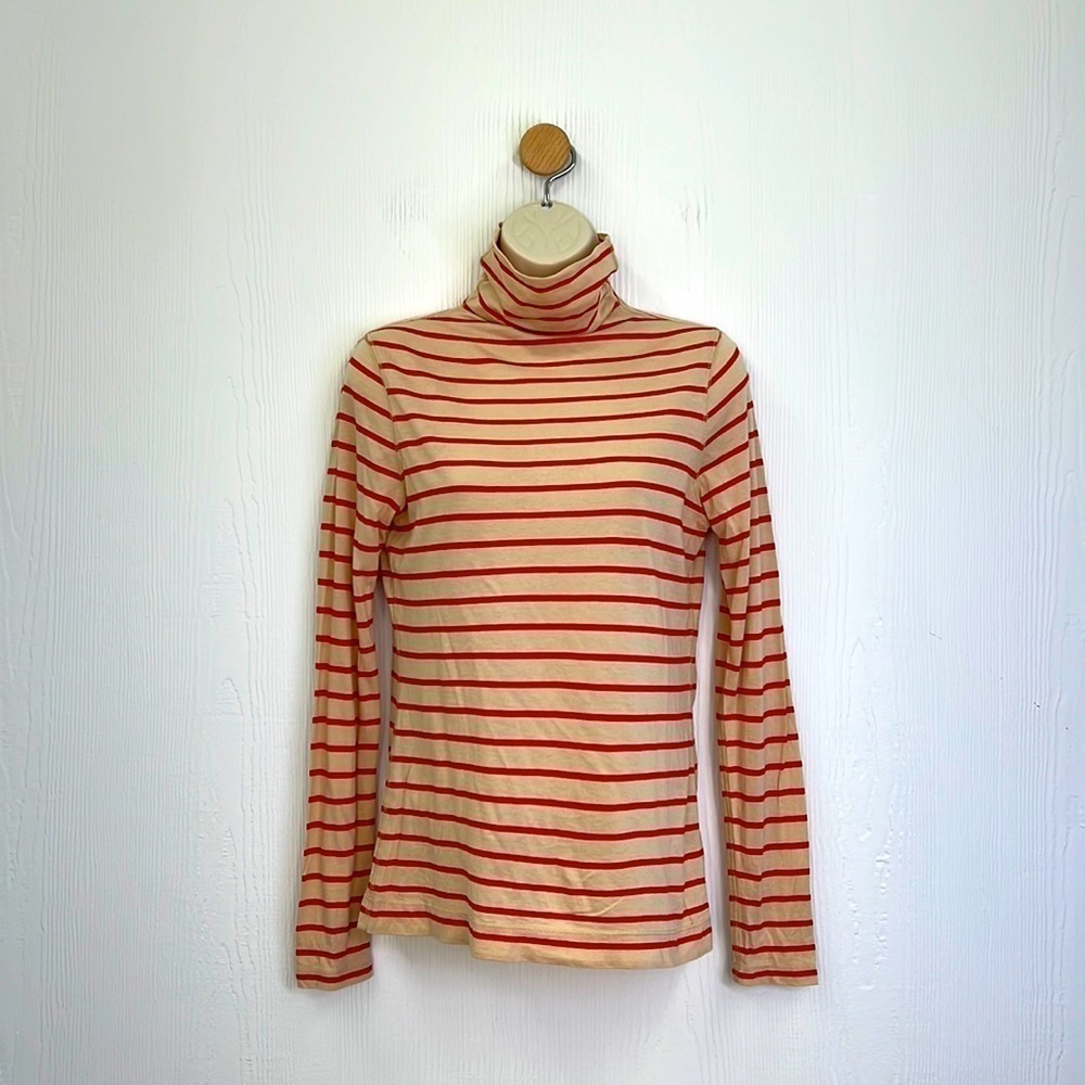 Lands End - Beige and Red Stripe Soft T Shirt Material Turtle Neck Size Small